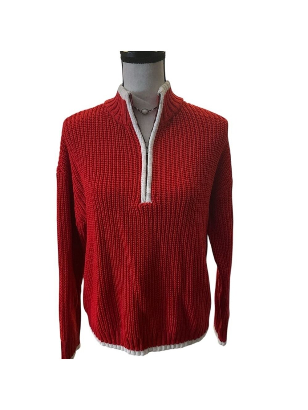 Sanctuary Red Quarter Zip Sweater Small White Trim Mock Neck Cozy Preppy
